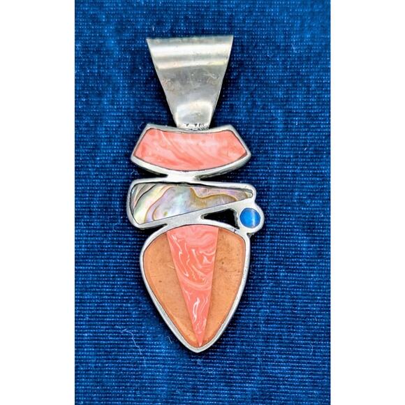 Unbranded Jewelry - Vintage Sterling Silver .925 Abalone Corral Pendant Pink Multi Stone Abstract